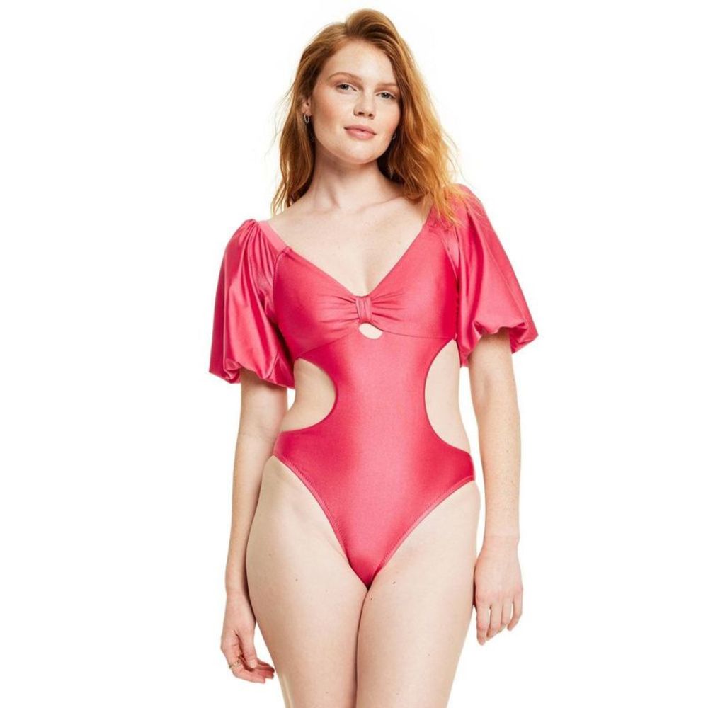 Puff Sleeve Cutout One-Piece Swimsuit - Pink